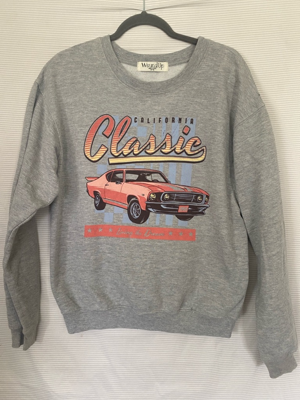 Wound Up Gray Crewneck Sweatshirt with Coral Car Graphic